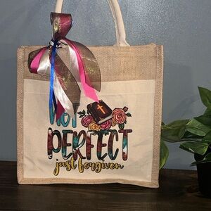 Stylish Tan Tote Bag with Colorful Design